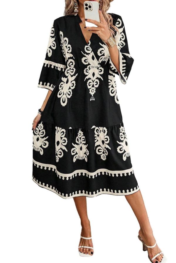 Women Black Ethnic Print 3/4 Sleeve Loose Midi Dress | Midi Dresses - Image 3