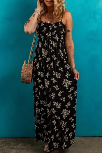 Women Black Floral Spaghetti Strap Shirred Bodice Tied Empire Waist Maxi Dress | Maxi Dresses