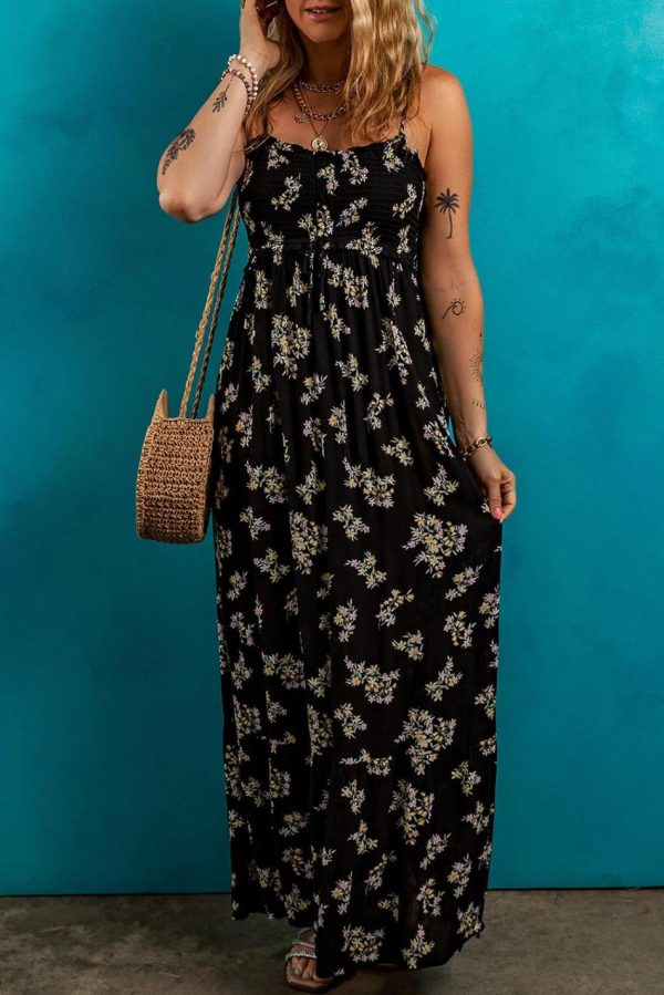 Women Black Floral Spaghetti Strap Shirred Bodice Tied Empire Waist Maxi Dress | Maxi Dresses