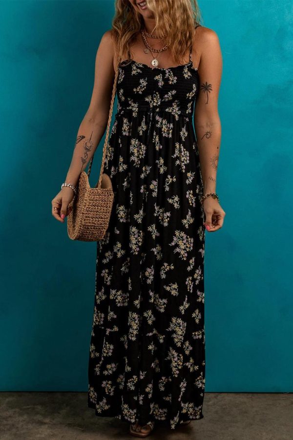 Women Black Floral Spaghetti Strap Shirred Bodice Tied Empire Waist Maxi Dress | Maxi Dresses - Image 2