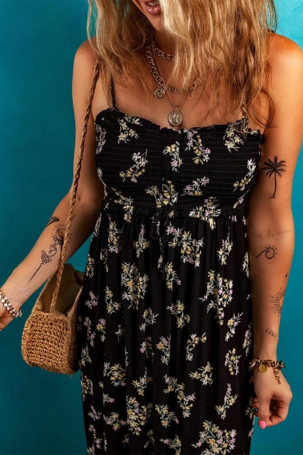 Women Black Floral Spaghetti Strap Shirred Bodice Tied Empire Waist Maxi Dress | Maxi Dresses - Image 3
