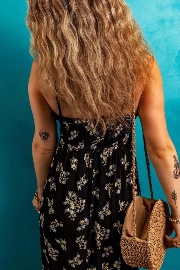 Women Black Floral Spaghetti Strap Shirred Bodice Tied Empire Waist Maxi Dress | Maxi Dresses - Image 4