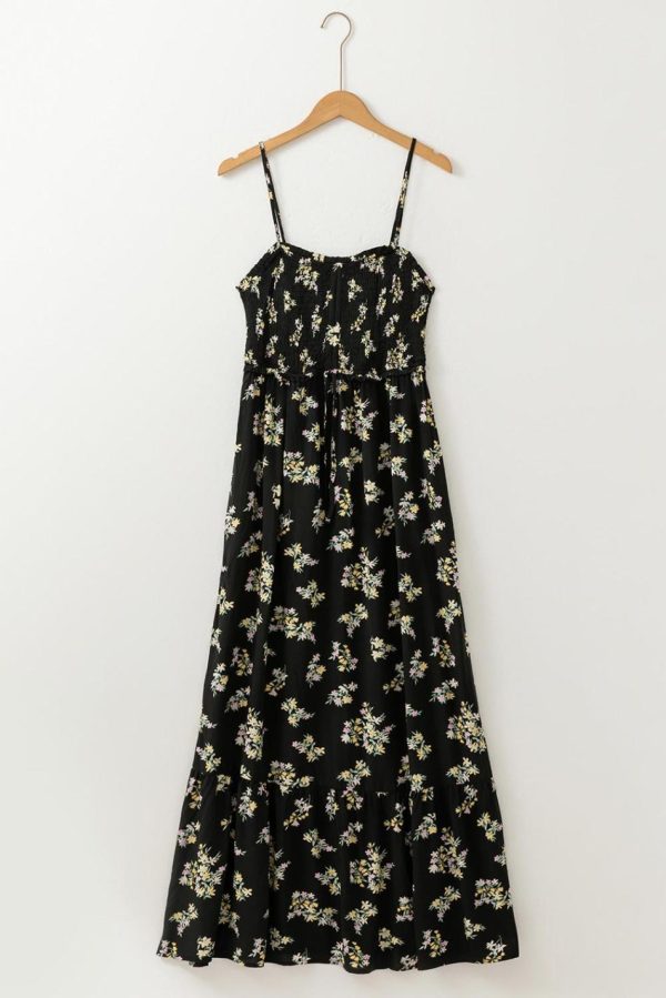 Women Black Floral Spaghetti Strap Shirred Bodice Tied Empire Waist Maxi Dress | Maxi Dresses - Image 5