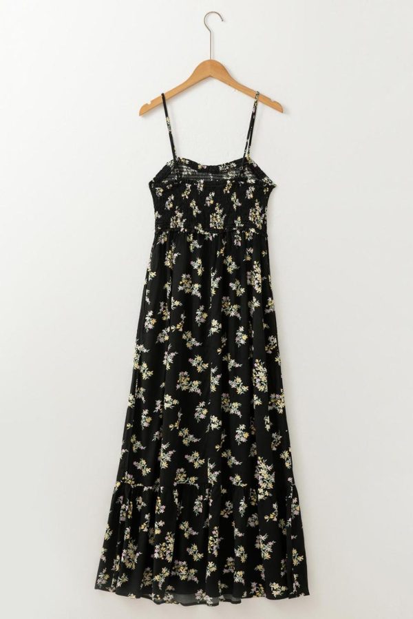 Women Black Floral Spaghetti Strap Shirred Bodice Tied Empire Waist Maxi Dress | Maxi Dresses - Image 6