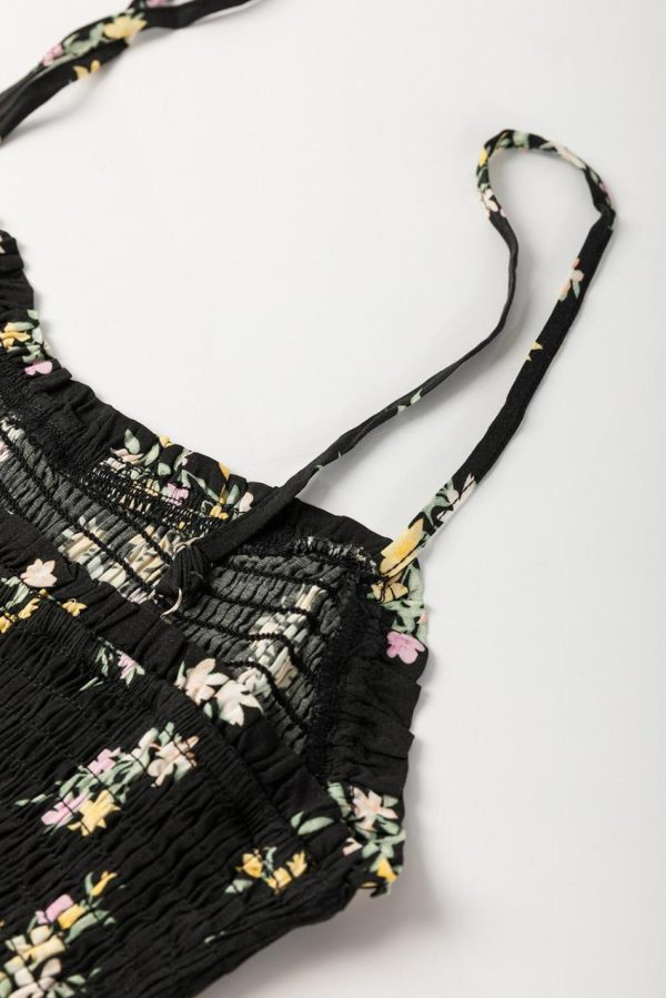 Women Black Floral Spaghetti Strap Shirred Bodice Tied Empire Waist Maxi Dress | Maxi Dresses - Image 7