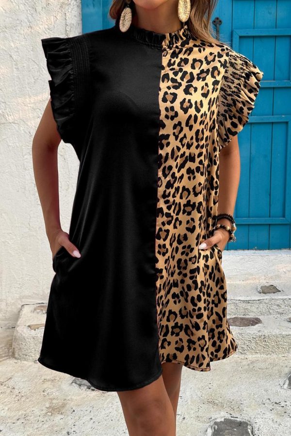 Women Black Leopard Contrast Patchwork Ruffled Sleeve Short Shift Dress | Short Dresses