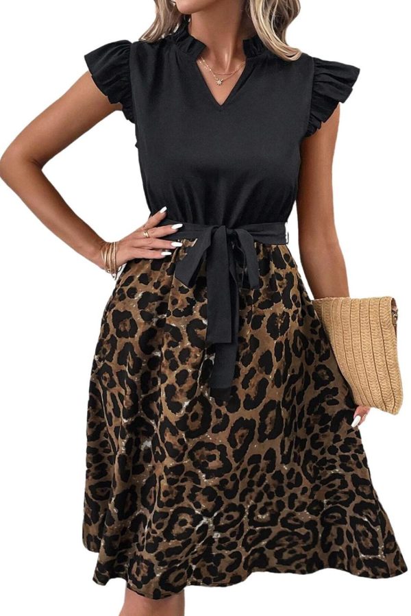 Women Black Leopard Print Flutter Sleeve Bow Belted Dress | Midi Dresses - Image 3