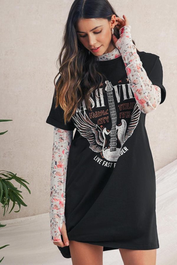Women Black Nashville Guitar Print Mini T-Shirt Dress | Short Dresses