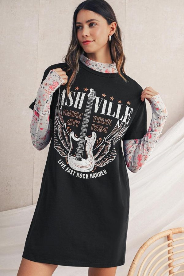 Women Black Nashville Guitar Print Mini T-Shirt Dress | Short Dresses - Image 2