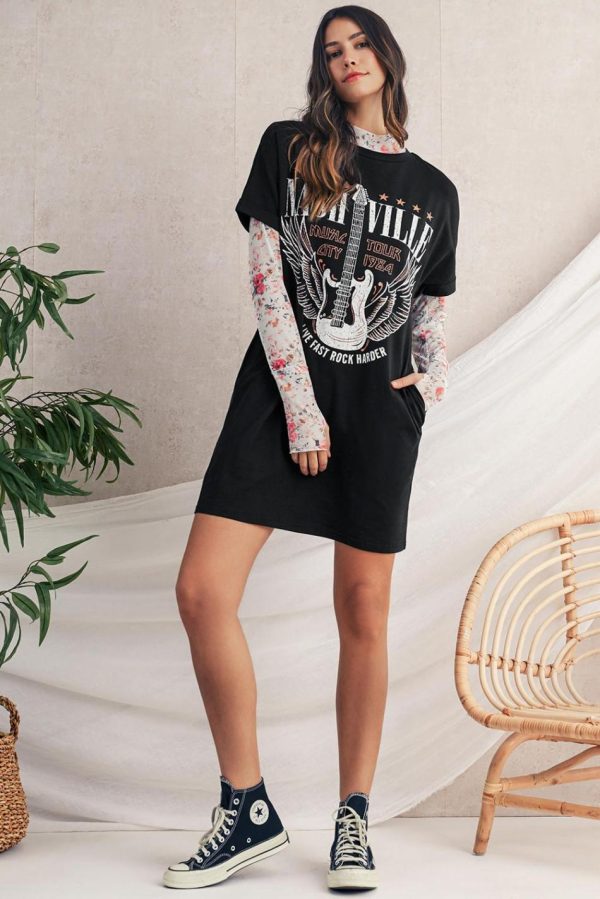 Women Black Nashville Guitar Print Mini T-Shirt Dress | Short Dresses - Image 3