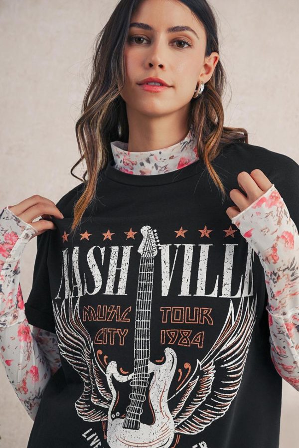 Women Black Nashville Guitar Print Mini T-Shirt Dress | Short Dresses - Image 4