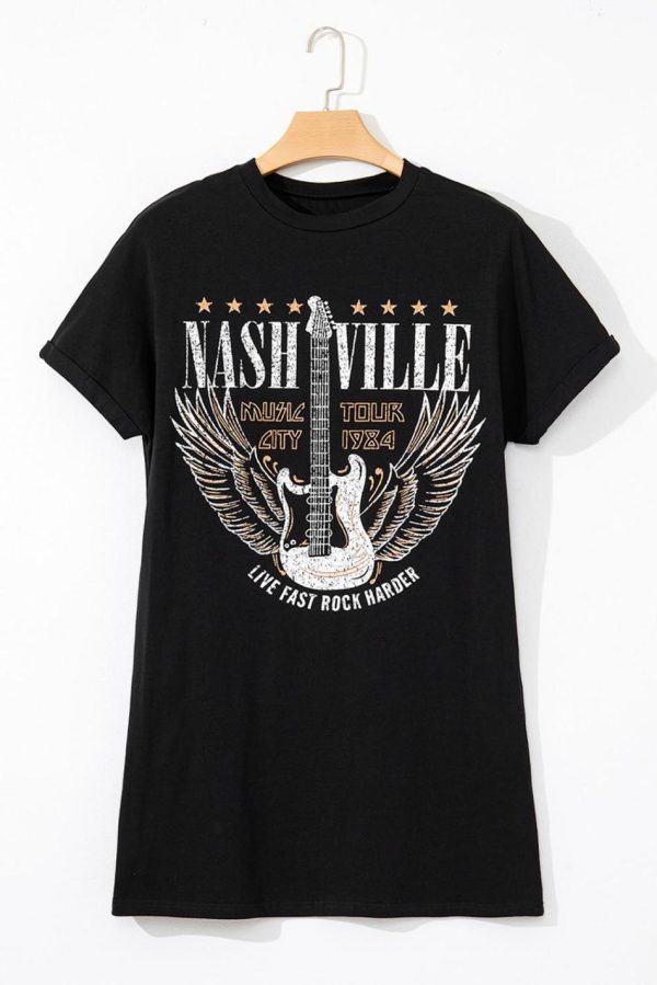 Women Black Nashville Guitar Print Mini T-Shirt Dress | Short Dresses - Image 5