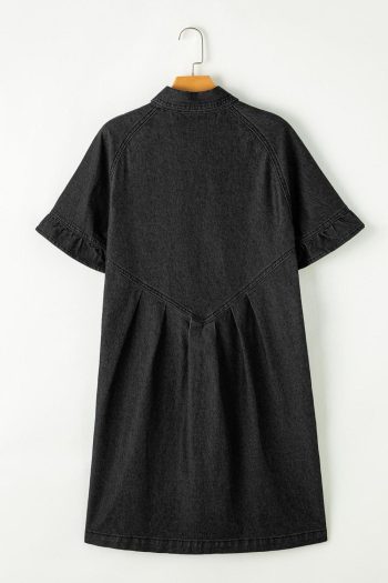 Women Black Short Sleeve Button Up Loose Denim Shirt Dress | Short Dresses