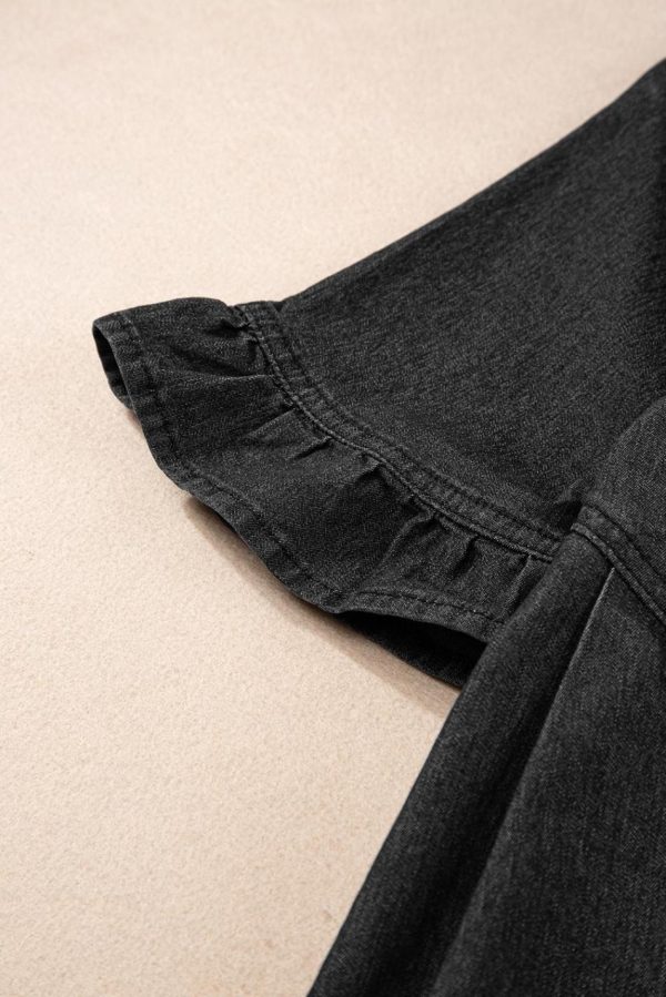 Women Black Short Sleeve Button Up Loose Denim Shirt Dress | Short Dresses - Image 5