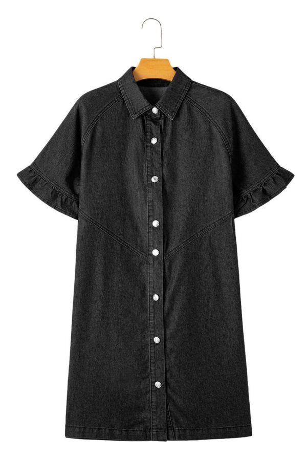Women Black Short Sleeve Button Up Loose Denim Shirt Dress | Short Dresses - Image 7