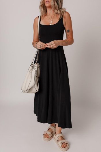 Women Black Sleeveless Scoop Neck Flared Split Midi Dress | Midi Dresses