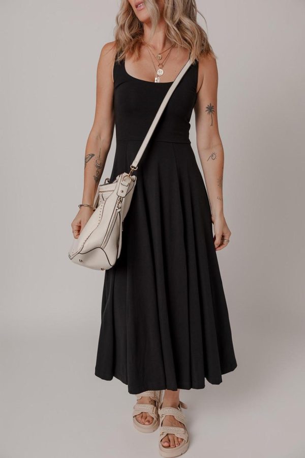 Women Black Sleeveless Scoop Neck Flared Split Midi Dress | Midi Dresses - Image 2