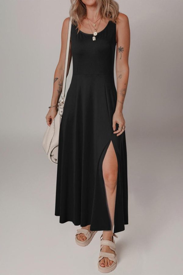 Women Black Sleeveless Scoop Neck Flared Split Midi Dress | Midi Dresses - Image 3