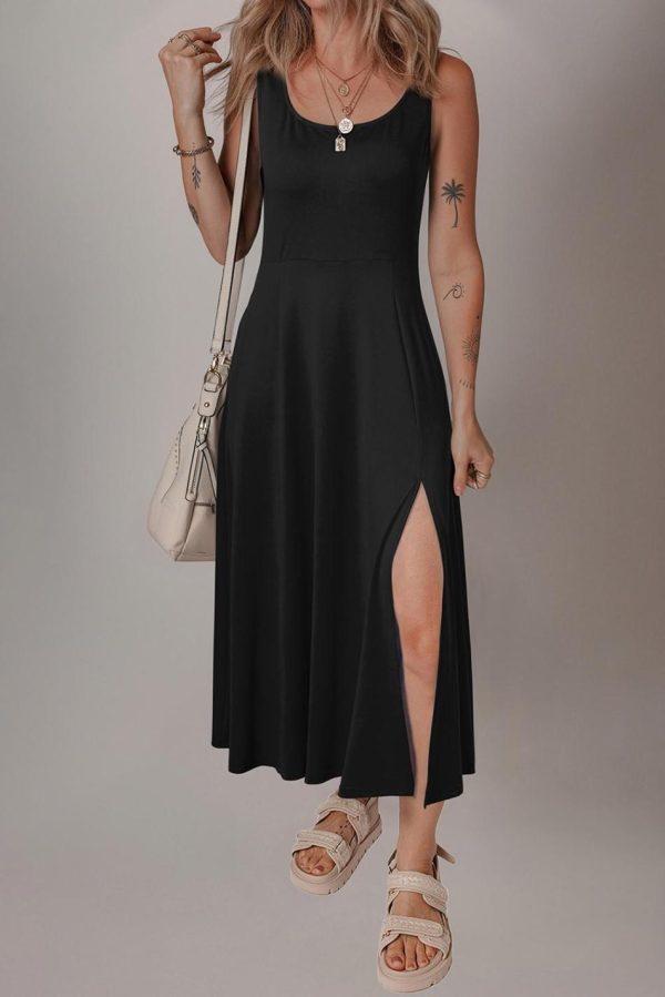 Women Black Sleeveless Scoop Neck Flared Split Midi Dress | Midi Dresses - Image 4