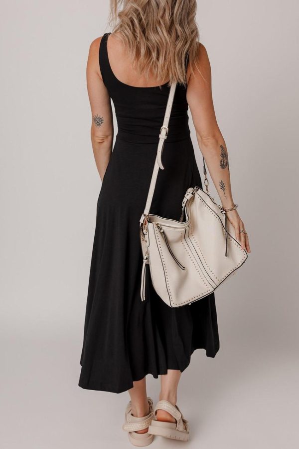 Women Black Sleeveless Scoop Neck Flared Split Midi Dress | Midi Dresses - Image 5