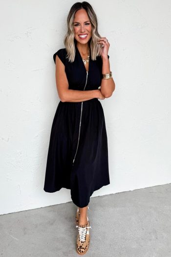 Women Black Sleeveless Zipped Front V Neck Shirred Waist Midi Dress | Midi Dresses