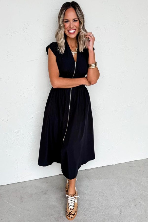 Women Black Sleeveless Zipped Front V Neck Shirred Waist Midi Dress | Midi Dresses