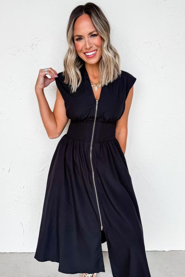 Women Black Sleeveless Zipped Front V Neck Shirred Waist Midi Dress | Midi Dresses - Image 2