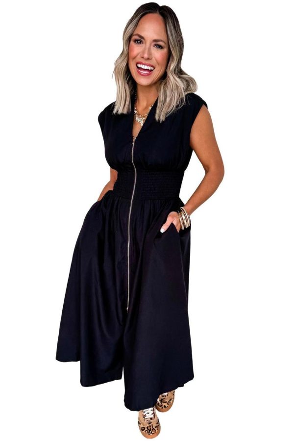 Women Black Sleeveless Zipped Front V Neck Shirred Waist Midi Dress | Midi Dresses - Image 4