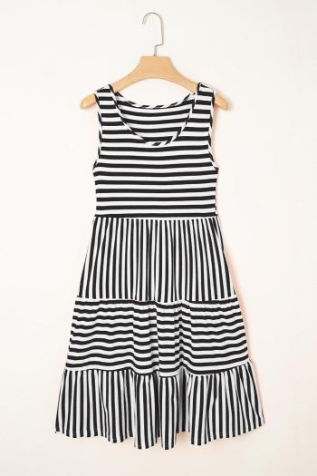 Women Black Stripe U Neck Sleeveless Loose Fit Mini Dress | Short Dresses