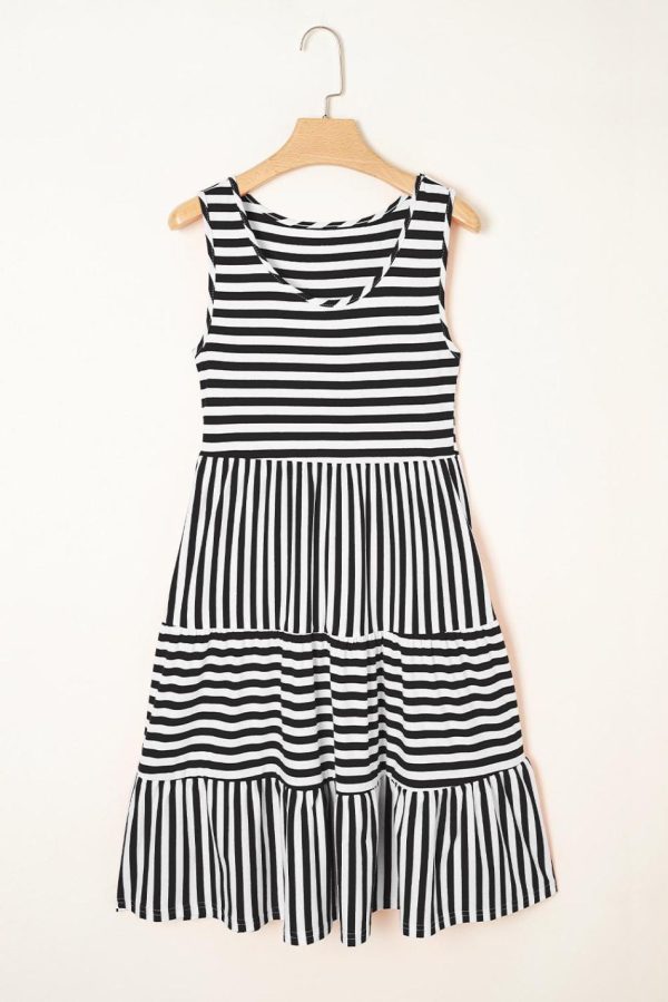 Women Black Stripe U Neck Sleeveless Loose Fit Mini Dress | Short Dresses