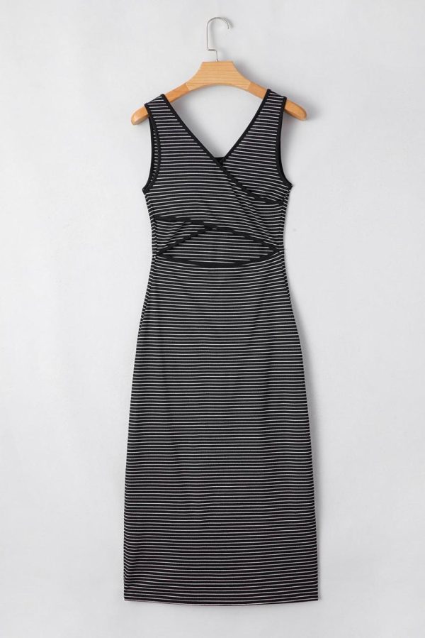 Women Black Striped Criss Cross Back Side Slits Slim Fit Sleeveless Dress | Midi Dresses - Image 2