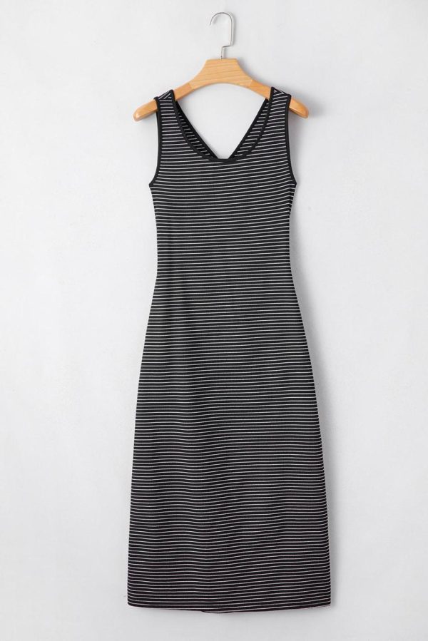 Women Black Striped Criss Cross Back Side Slits Slim Fit Sleeveless Dress | Midi Dresses - Image 3