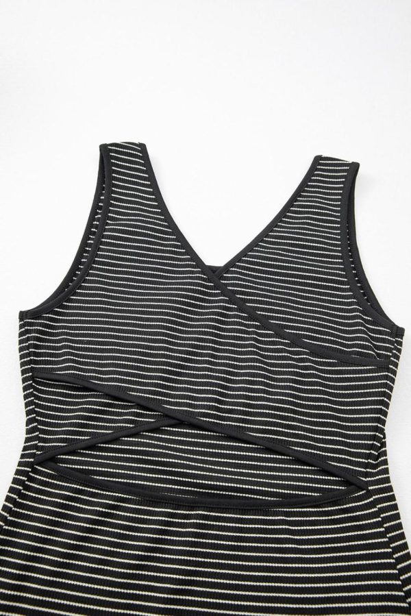 Women Black Striped Criss Cross Back Side Slits Slim Fit Sleeveless Dress | Midi Dresses - Image 5