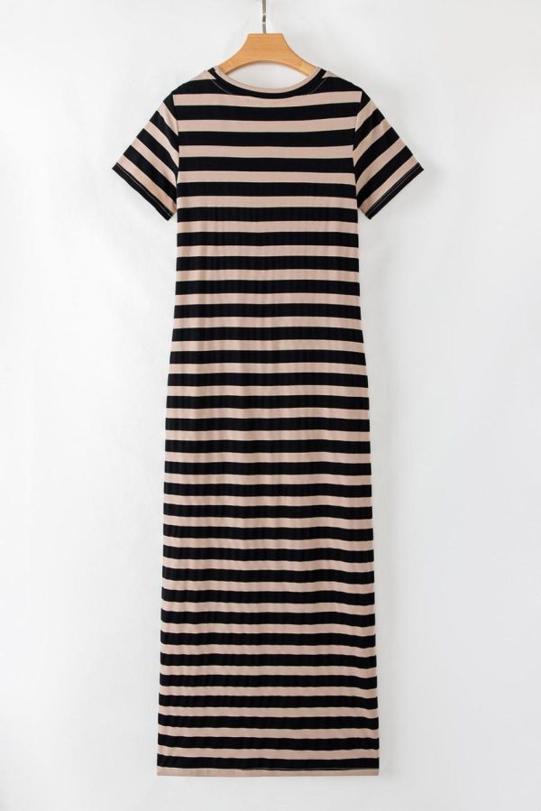 Women Black Striped Side Pockets T-Shirt Maxi Dress | Maxi Dresses - Image 2