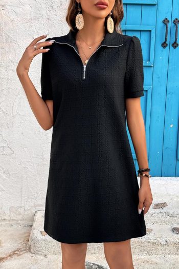Women Black Textured Zipped Collar Shift Polo T Shirt Dress | Short Dresses