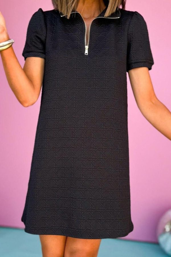 Women Black Textured Zipped Collar Shift Polo T Shirt Dress | Short Dresses - Image 3