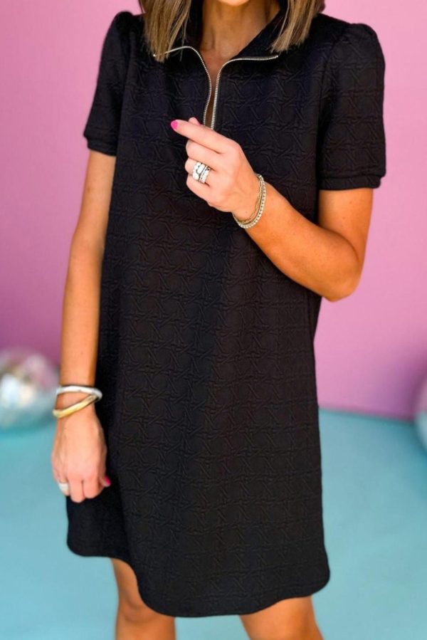 Women Black Textured Zipped Collar Shift Polo T Shirt Dress | Short Dresses - Image 4