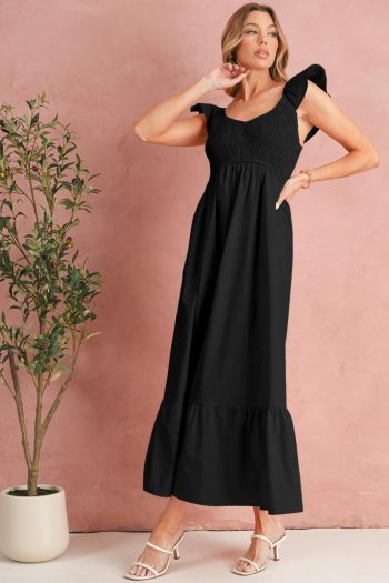 Women Black V Neck Flutter Sleeve Smocked Bodice High Waist Ruffle Maxi Dress | Midi Dresses