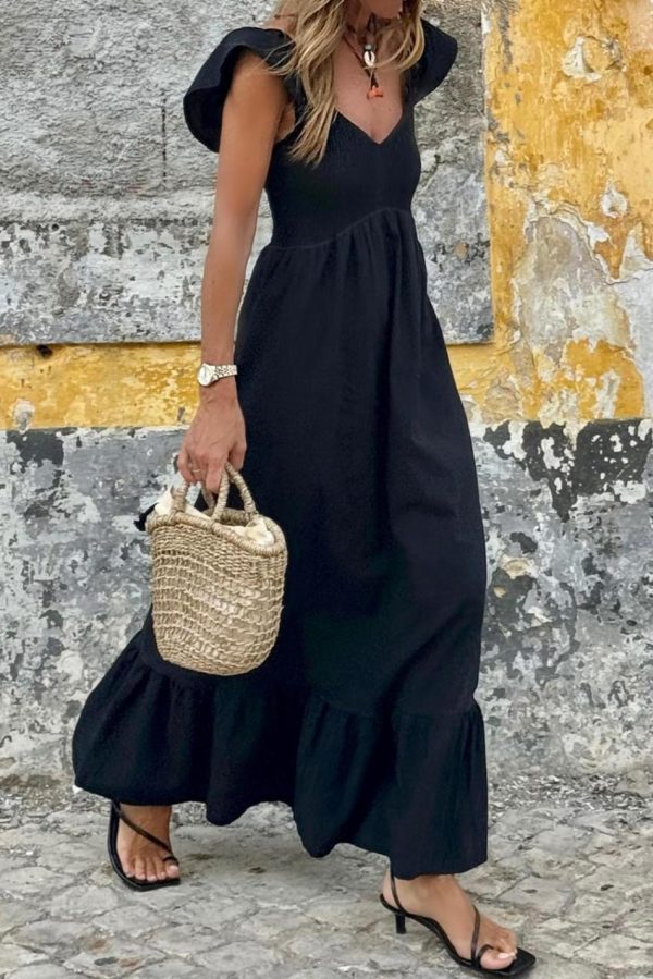 Women Black V Neck Flutter Sleeve Smocked Bodice High Waist Ruffle Maxi Dress | Midi Dresses - Image 2