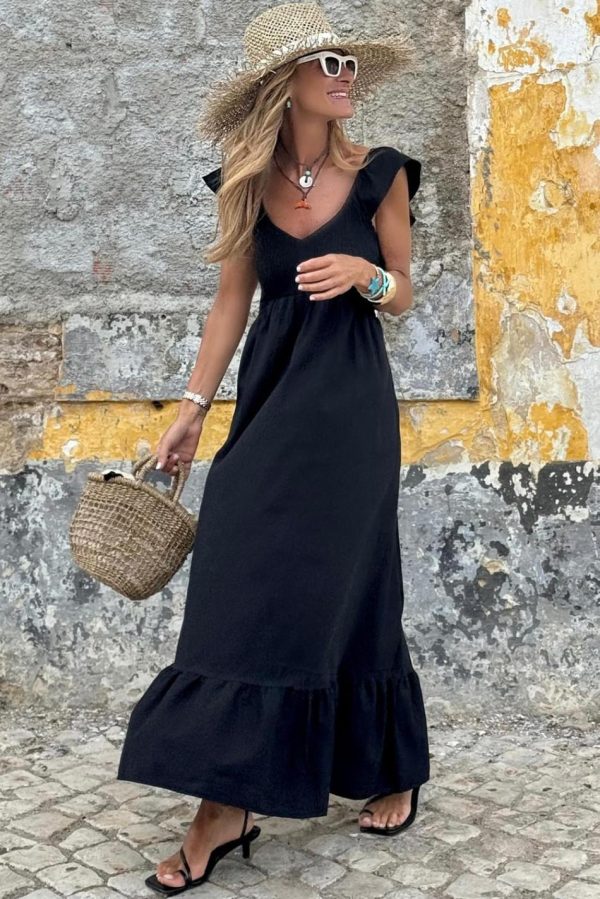 Women Black V Neck Flutter Sleeve Smocked Bodice High Waist Ruffle Maxi Dress | Midi Dresses - Image 3