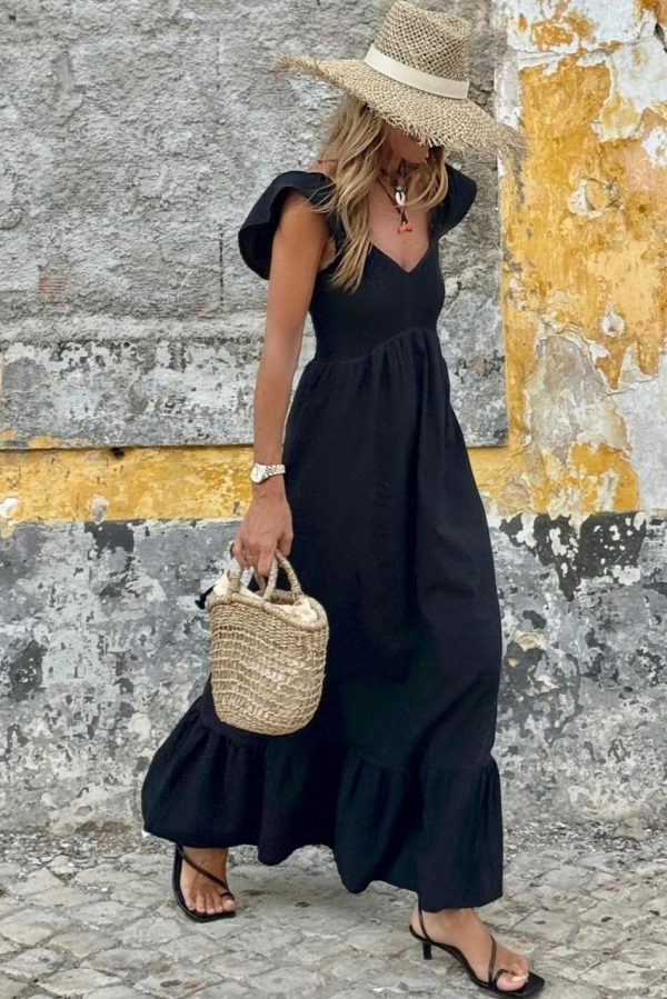 Women Black V Neck Flutter Sleeve Smocked Bodice High Waist Ruffle Maxi Dress | Midi Dresses - Image 4