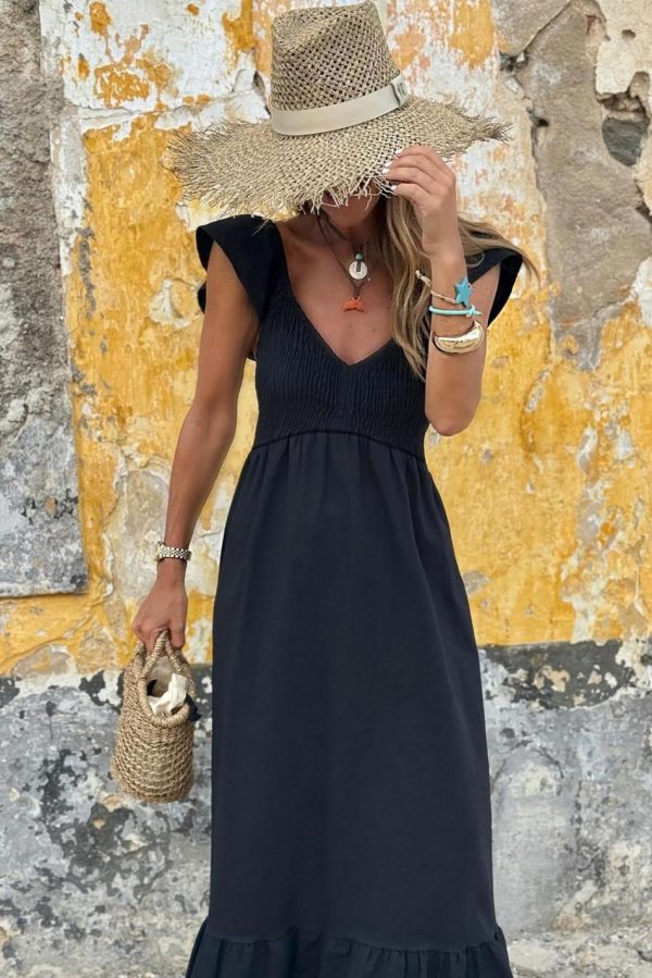 Women Black V Neck Flutter Sleeve Smocked Bodice High Waist Ruffle Maxi Dress | Midi Dresses - Image 5