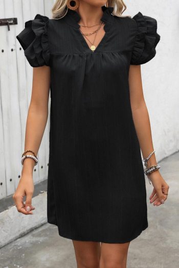Women Black V Neck Ruffle Sleeve Shift Mini Dress | Short Dresses