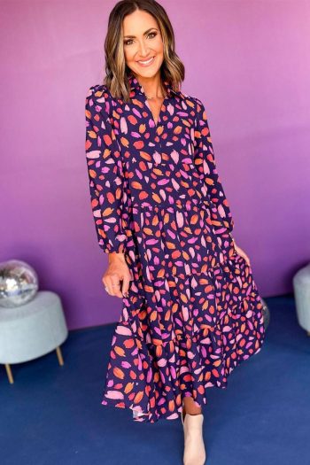 Women Blue Abstract Print Collared Tiered Flowy Maxi Dress | Maxi Dresses