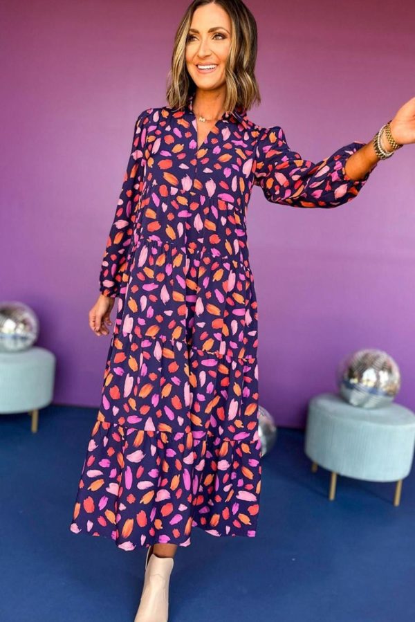 Women Blue Abstract Print Collared Tiered Flowy Maxi Dress | Maxi Dresses - Image 2