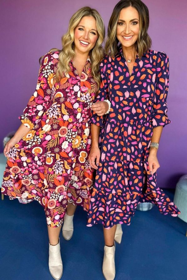 Women Blue Abstract Print Collared Tiered Flowy Maxi Dress | Maxi Dresses - Image 3