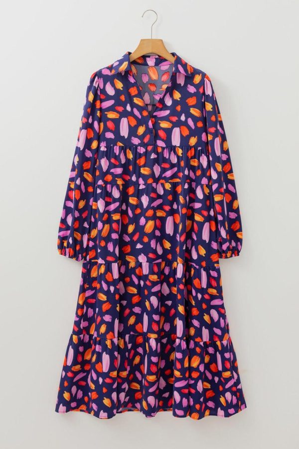 Women Blue Abstract Print Collared Tiered Flowy Maxi Dress | Maxi Dresses - Image 5