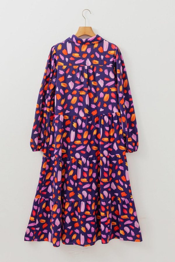 Women Blue Abstract Print Collared Tiered Flowy Maxi Dress | Maxi Dresses - Image 6
