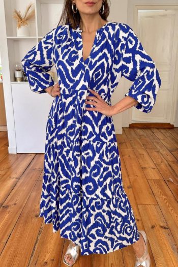 Women Blue Abstract Print V Neck Tiered Maxi Dress | Maxi Dresses