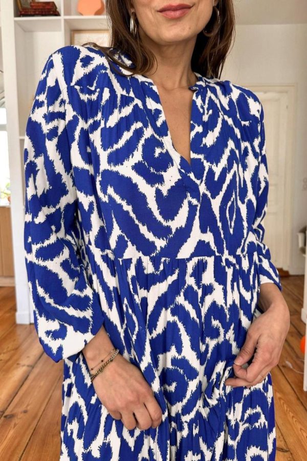 Women Blue Abstract Print V Neck Tiered Maxi Dress | Maxi Dresses - Image 2